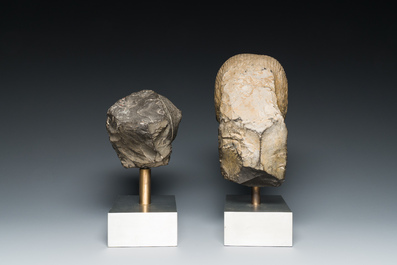 A Romanesque carved stone head of a man and a lion's head, probably Flanders, 13/15th C.