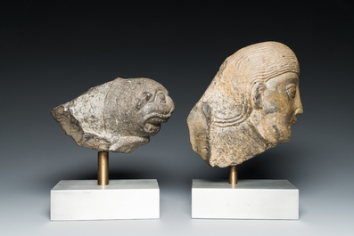 A Romanesque carved stone head of a man and a lion's head, probably Flanders, 13/15th C.