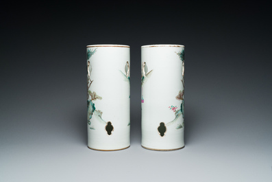 A pair of Chinese famille rose reticulated hat stands, 19th C.