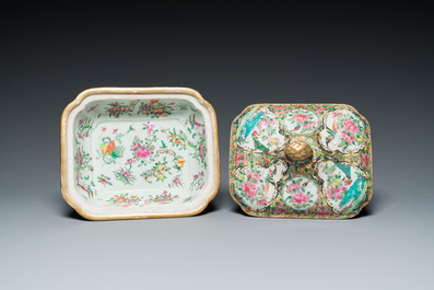 Drie Chinese Canton famille rose schotels en een terrine, 19e eeuw