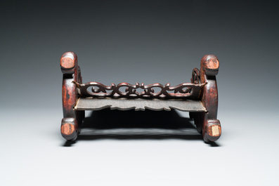 A Chinese famille verte plaque mounted in a wooden table screen, signed Li Huan 李澣, dated 1924