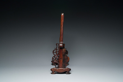 A Chinese famille verte plaque mounted in a wooden table screen, signed Li Huan 李澣, dated 1924