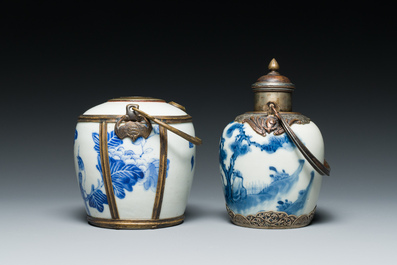 A Chinese blue and white 'Bleu de Hue' waterpipe and a tea caddy for the Vietnamese market, 19th C.