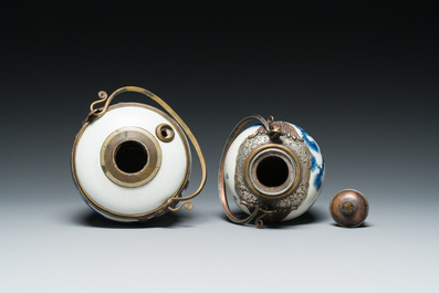 A Chinese blue and white 'Bleu de Hue' waterpipe and a tea caddy for the Vietnamese market, 19th C.