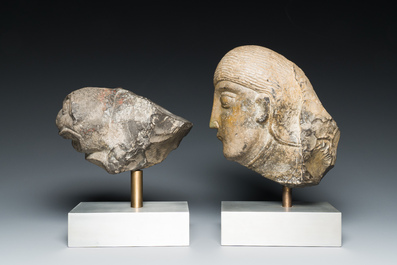 A Romanesque carved stone head of a man and a lion's head, probably Flanders, 13/15th C.