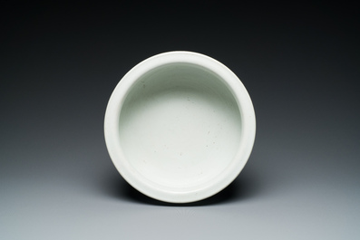 A Chinese blue and white tripod censer with figures in a mountainous landscape, Kangxi