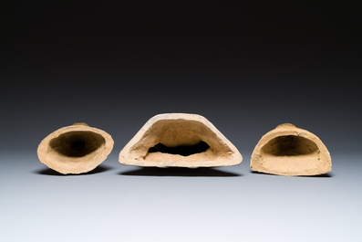 Three Chinese polychromed pottery figures of ladies, Han