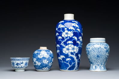 Three Chinese blue and white vases, a cup and two saucers, Kangxi and later