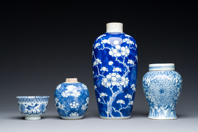 Three Chinese blue and white vases, a cup and two saucers, Kangxi and later