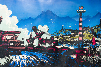 Chinese school uit de Culturele Revolutie: Zicht op het Daqing olieveld, litho opgehoogd met olieverf