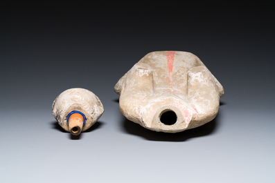 Three Chinese polychromed pottery figures of ladies, Han