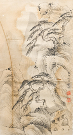 Qi Gong 啟功 (1912-2005): 'Berglandschappen', inkt op papier, gedateerd 1999