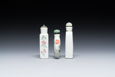 Three Chinese famille rose snuff bottles, one marked Yongzheng, 19th C.