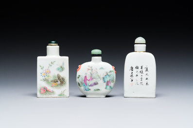 Three Chinese famille rose snuff bottles, one marked Yongzheng, 19th C.