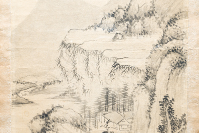 Qi Gong 啟功 (1912-2005): 'Berglandschappen', inkt op papier, gedateerd 1999