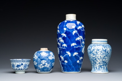 Three Chinese blue and white vases, a cup and two saucers, Kangxi and later