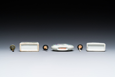 Three Chinese famille rose snuff bottles, one marked Yongzheng, 19th C.