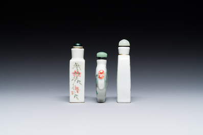 Three Chinese famille rose snuff bottles, one marked Yongzheng, 19th C.