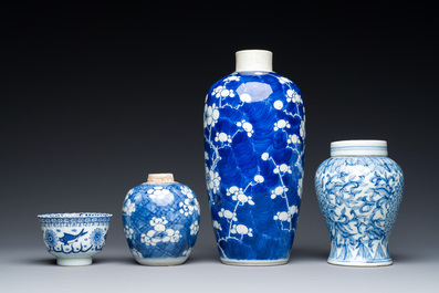 Three Chinese blue and white vases, a cup and two saucers, Kangxi and later