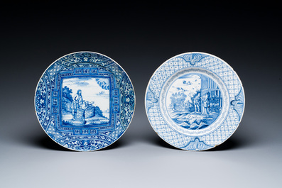 Two blue and white Dutch Delft 'biblical subject' plates, 18th C.
