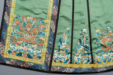 A Chinese embroidered silk 'dragon and phoenix' skirt and a wallet pouch, 18/19th C.