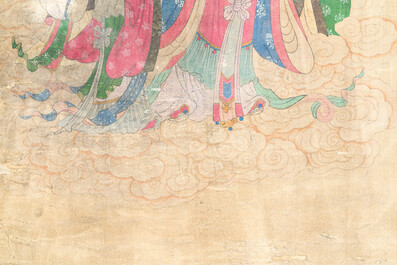 Chinese school: 'A procession of deities', ink and colour on silk, Qing