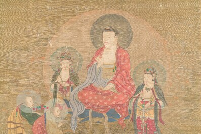 Chinese school: 'Buddha surrounded by Luohans', ink and colours on silk, 18th C.
