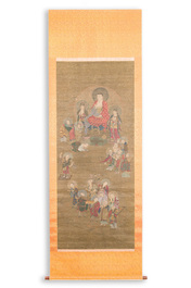Chinese school: 'Buddha surrounded by Luohans', ink and colours on silk, 18th C.