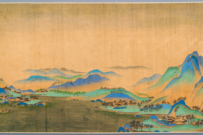 Ecole chinoise: 'Paysage montagneux', encre et couleurs sur soie, Qing
