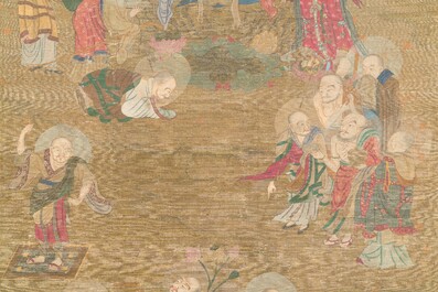 Chinese school: 'Buddha surrounded by Luohans', ink and colours on silk, 18th C.