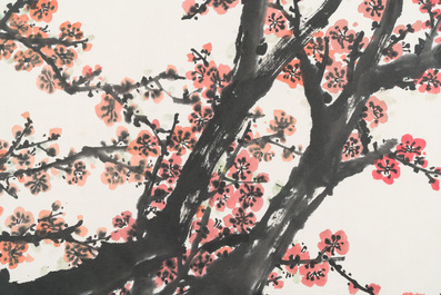 Guan Shanyue 關山月 (1912-2000): 'Fleurs de prunier', encre et couleurs sur papier, dat&eacute; 1992