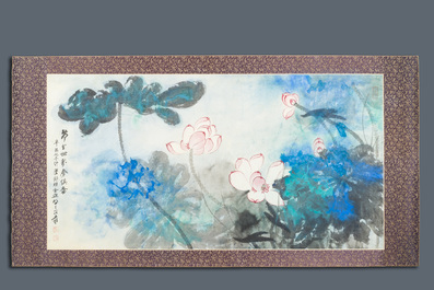 Suiveur de Zhang Daqian 張大千 (1898-1983): 'Lotus', encre et couleurs sur papier, dat&eacute; 1981
