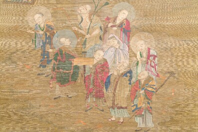 Chinese school: 'Buddha surrounded by Luohans', ink and colours on silk, 18th C.