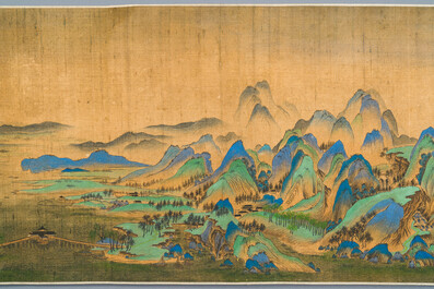 Ecole chinoise: 'Paysage montagneux', encre et couleurs sur soie, Qing
