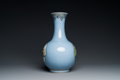 A Chinese famille rose lavender-blue-ground bottle vase, Qianlong mark, Republic