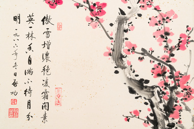 Qi Gong 啟功 (1912-2005): 'Calligraphy and plum blossom', ink and colour on paper, dated 1986