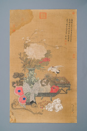 Chinese school: 'Two antiquities', ink and colours on silk, Qianlong seal mark, 19th C.