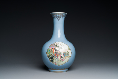 A Chinese famille rose lavender-blue-ground bottle vase, Qianlong mark, Republic