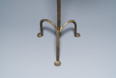 A large French gothic wrought iron three-lights candlestick, ca. 1500