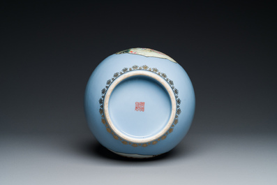 A Chinese famille rose lavender-blue-ground bottle vase, Qianlong mark, Republic