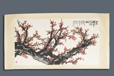 Guan Shanyue 關山月 (1912-2000): 'Fleurs de prunier', encre et couleurs sur papier, dat&eacute; 1992