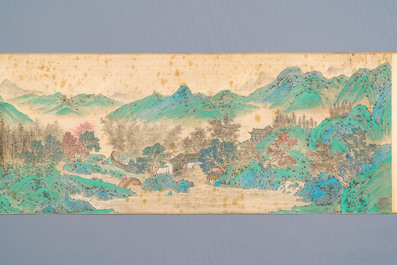 Xu Yang 徐揚 (1712-1777) et Wu Hufan 吳湖帆 (1894-1968): 'Paysage montagneux', dat&eacute; 1755, avec calligraphie post&eacute;rieure, encre et couleurs sur soie