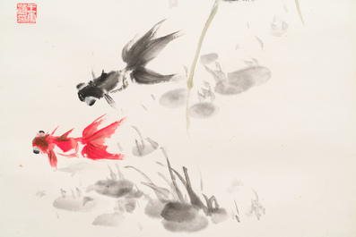 Wang Xuetao 王雪濤 (1903-1982): 'Goldfish and lotus', ink and colour on paper