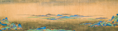 Ecole chinoise: 'Paysage montagneux', encre et couleurs sur soie, Qing