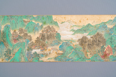 Xu Yang 徐揚 (1712-1777) et Wu Hufan 吳湖帆 (1894-1968): 'Paysage montagneux', dat&eacute; 1755, avec calligraphie post&eacute;rieure, encre et couleurs sur soie