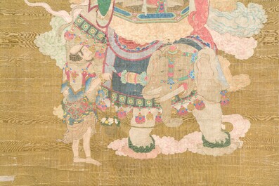 Ecole chinoise: 'Samanthabadra sur l'&eacute;l&eacute;phant &agrave; six d&eacute;fenses', encre et couleurs sur soie, 17/18&egrave;me