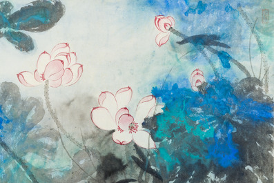 Suiveur de Zhang Daqian 張大千 (1898-1983): 'Lotus', encre et couleurs sur papier, dat&eacute; 1981