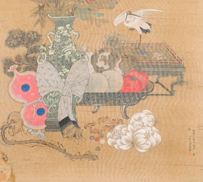 Chinese school: 'Two antiquities', ink and colours on silk, Qianlong seal mark, 19th C.