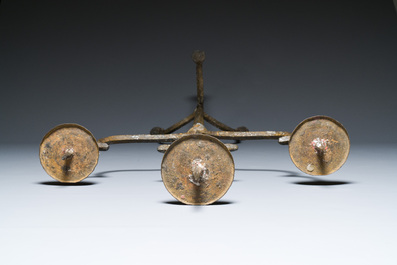 A large French gothic wrought iron three-lights candlestick, ca. 1500