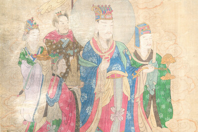 Chinese school: 'A procession of deities', ink and colour on silk, Qing